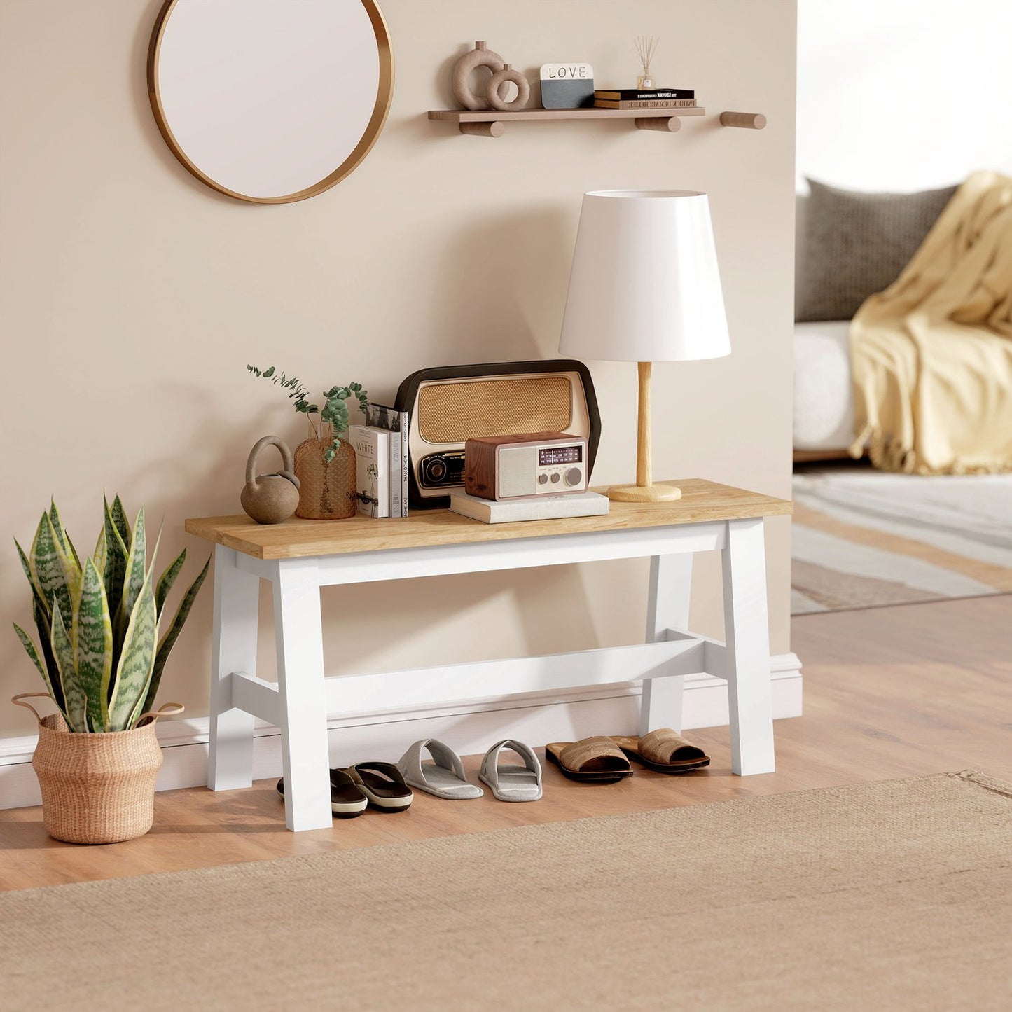 Wooden Bench for 2, Oak Finish, Rubberwood, 45 cm High
