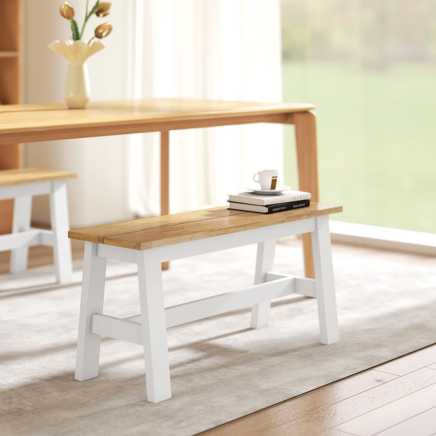Wooden Bench for 2, Oak Finish, Rubberwood, 45 cm High