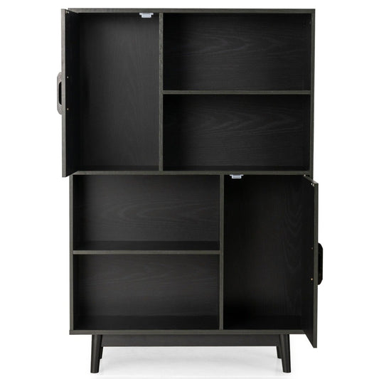 Wooden Bookcase 4 Tier Bookcase with 2 Doors Storage Cabinet Black