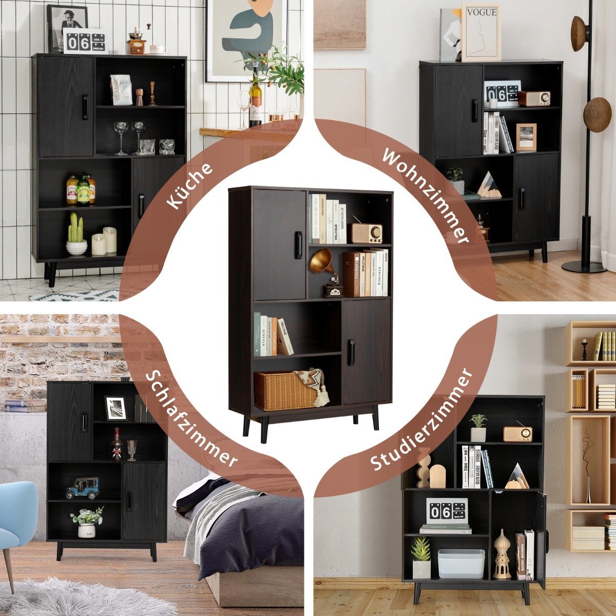 Wooden Bookcase 4 Tier Bookcase with 2 Doors Storage Cabinet Black