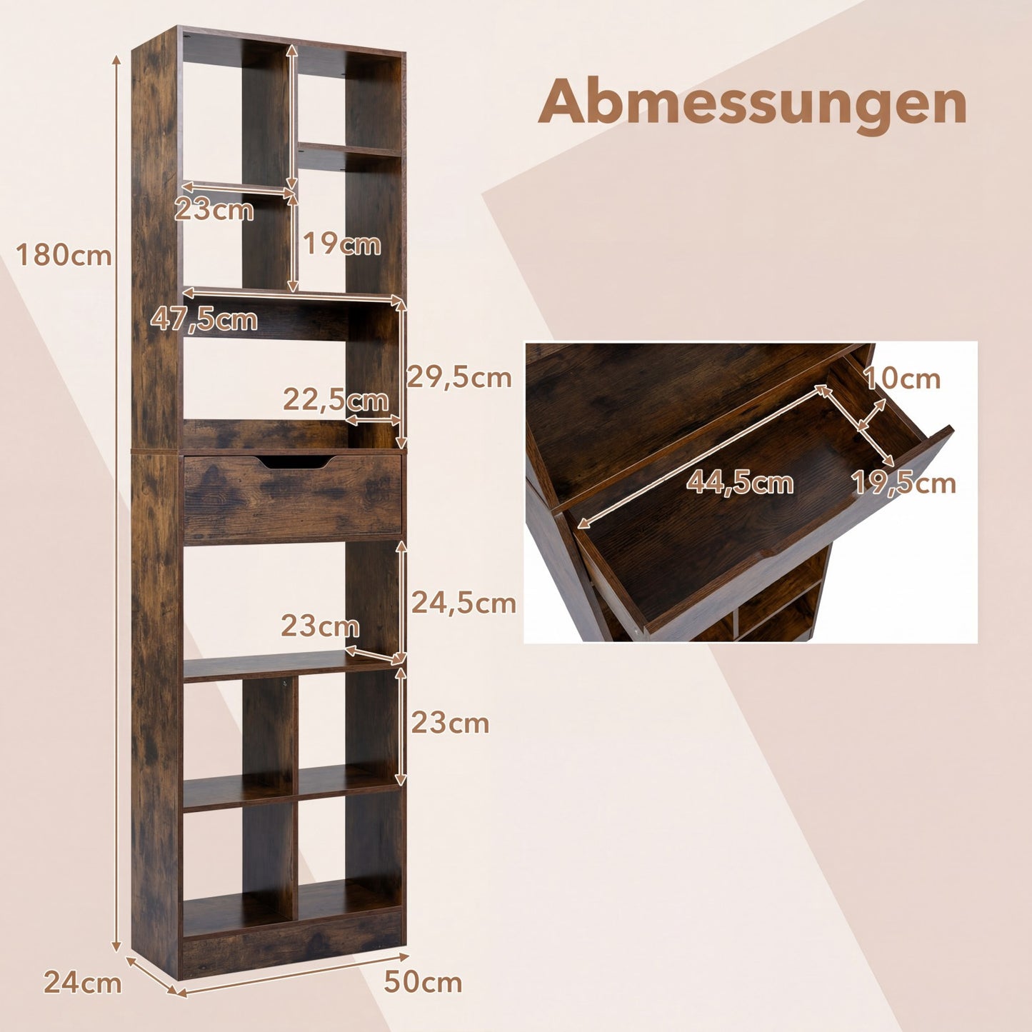 Wooden Bookshelf with 10 Shelves & 1 Drawer, 50x24x180 cm