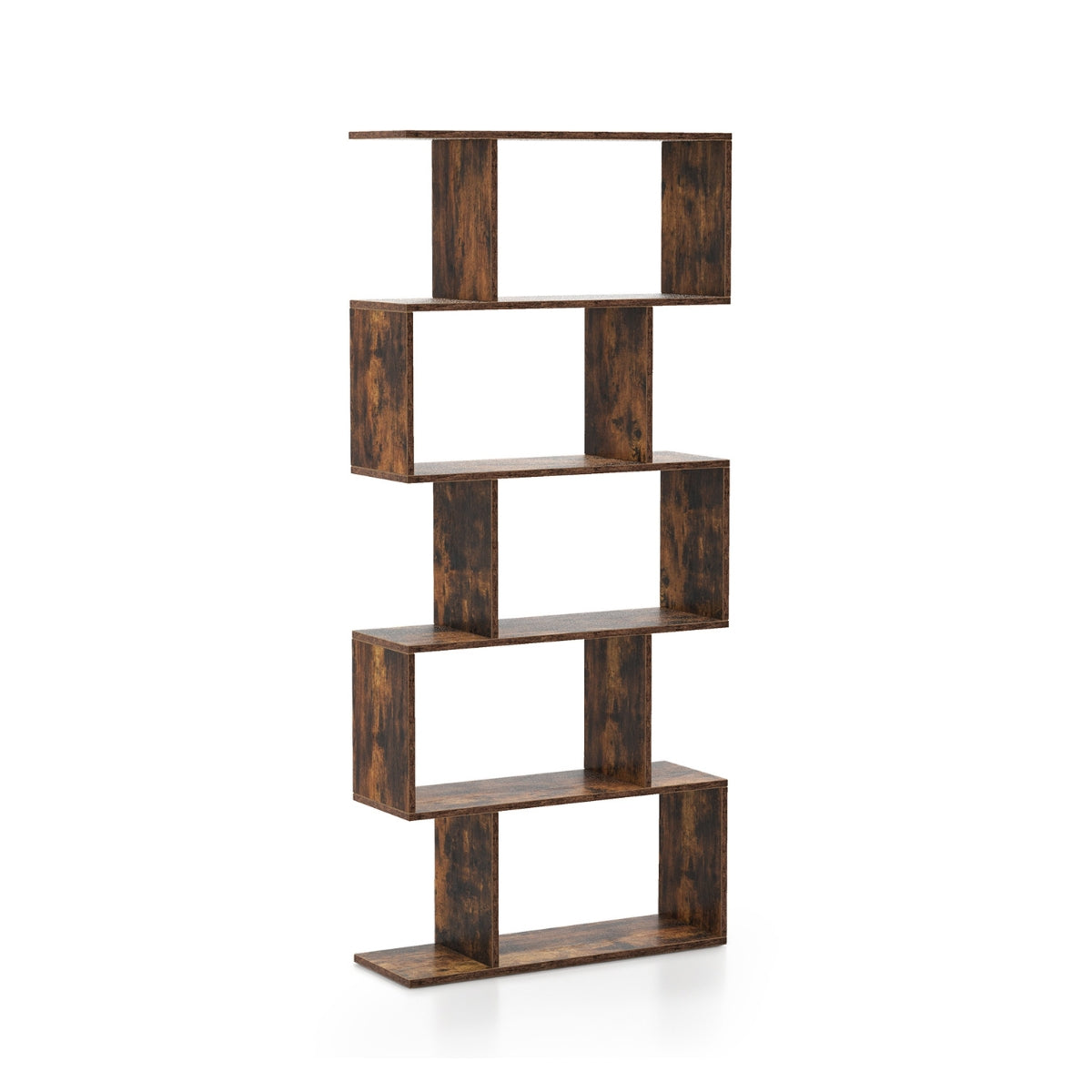 Wooden Bookshelf with 5 Tiers & Anti-Tip, S-Shaped Design