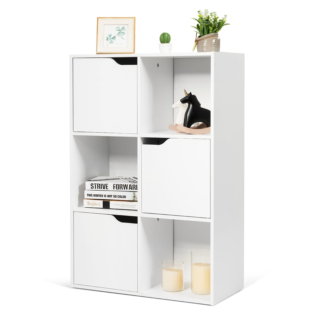 Wooden Bookshelf with Doors, 6 Compartments, White