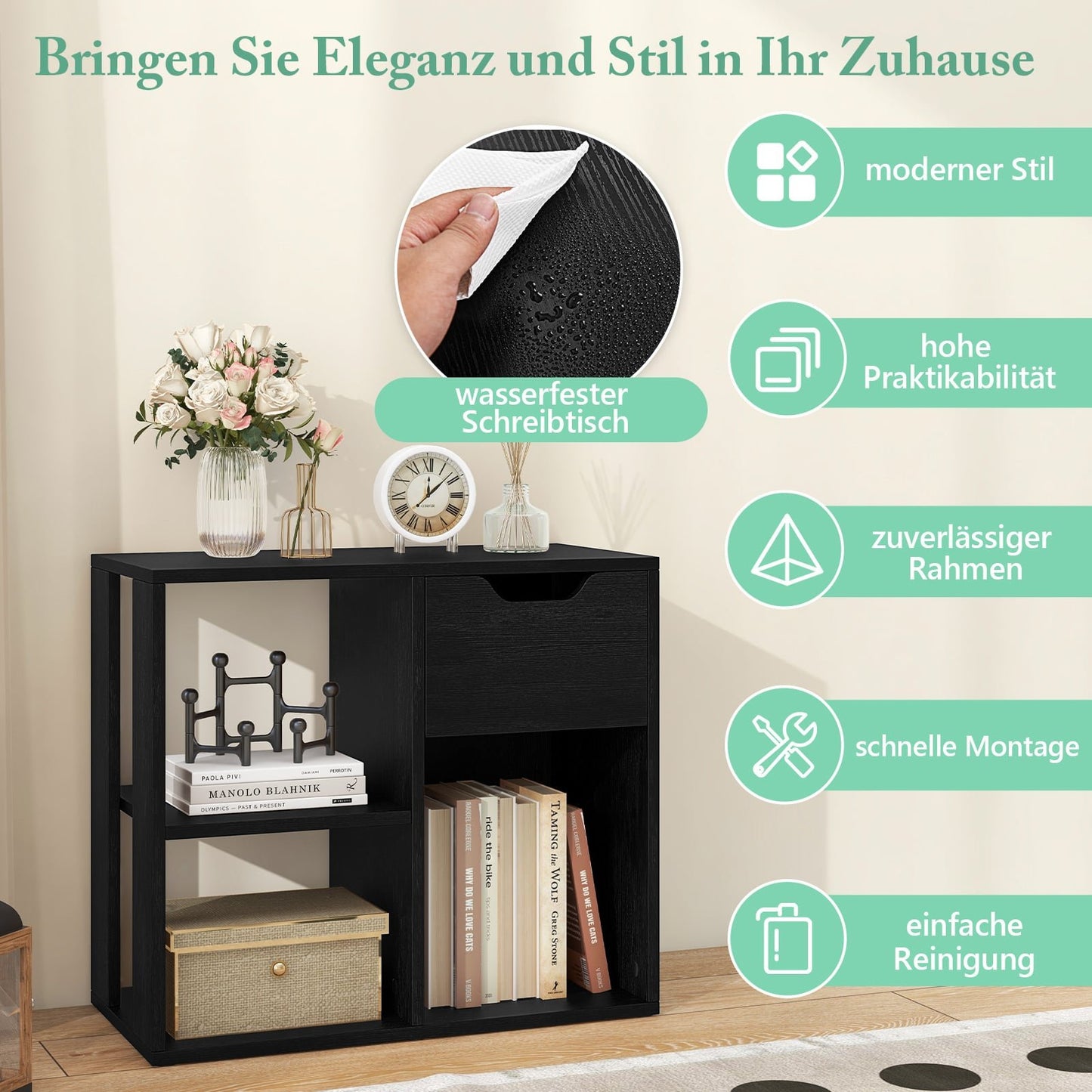 Wooden Bookshelf with Drawer & 3 Compartments, Black