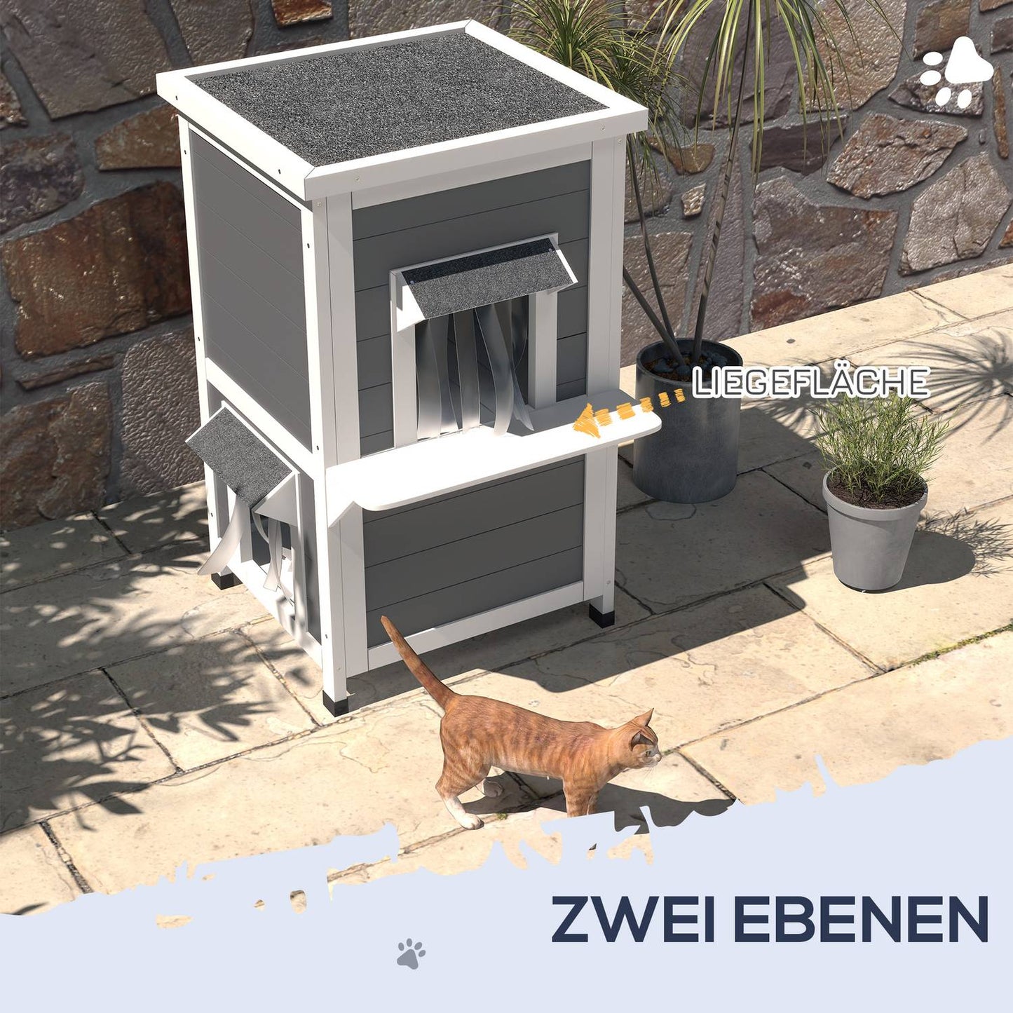 Weatherproof wooden cat house with roof - gray and white