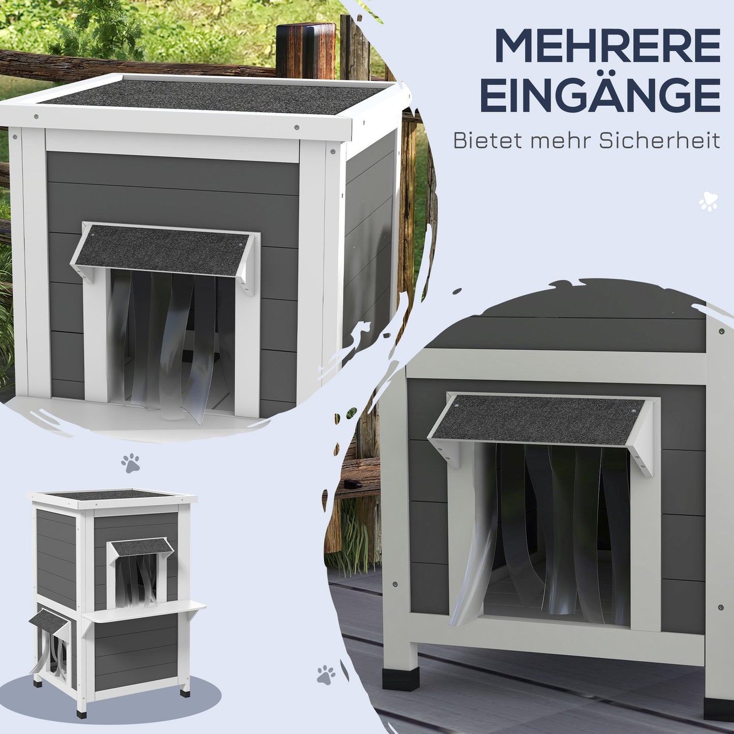 Weatherproof wooden cat house with roof - gray and white