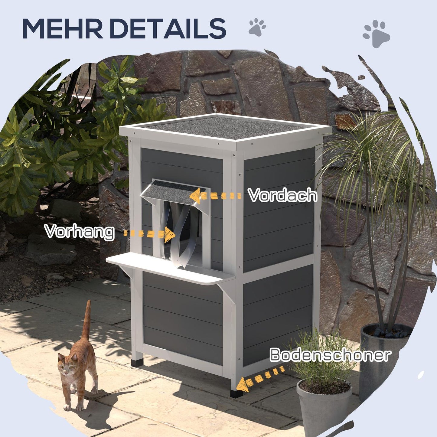 Weatherproof wooden cat house with roof - gray and white