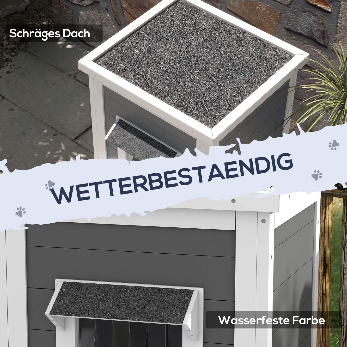 Weatherproof wooden cat house with roof - gray and white