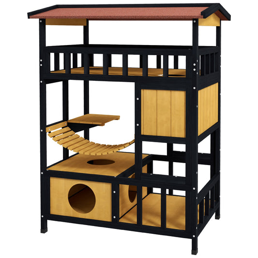Wooden cat house with platforms and suspension bridge, yellow