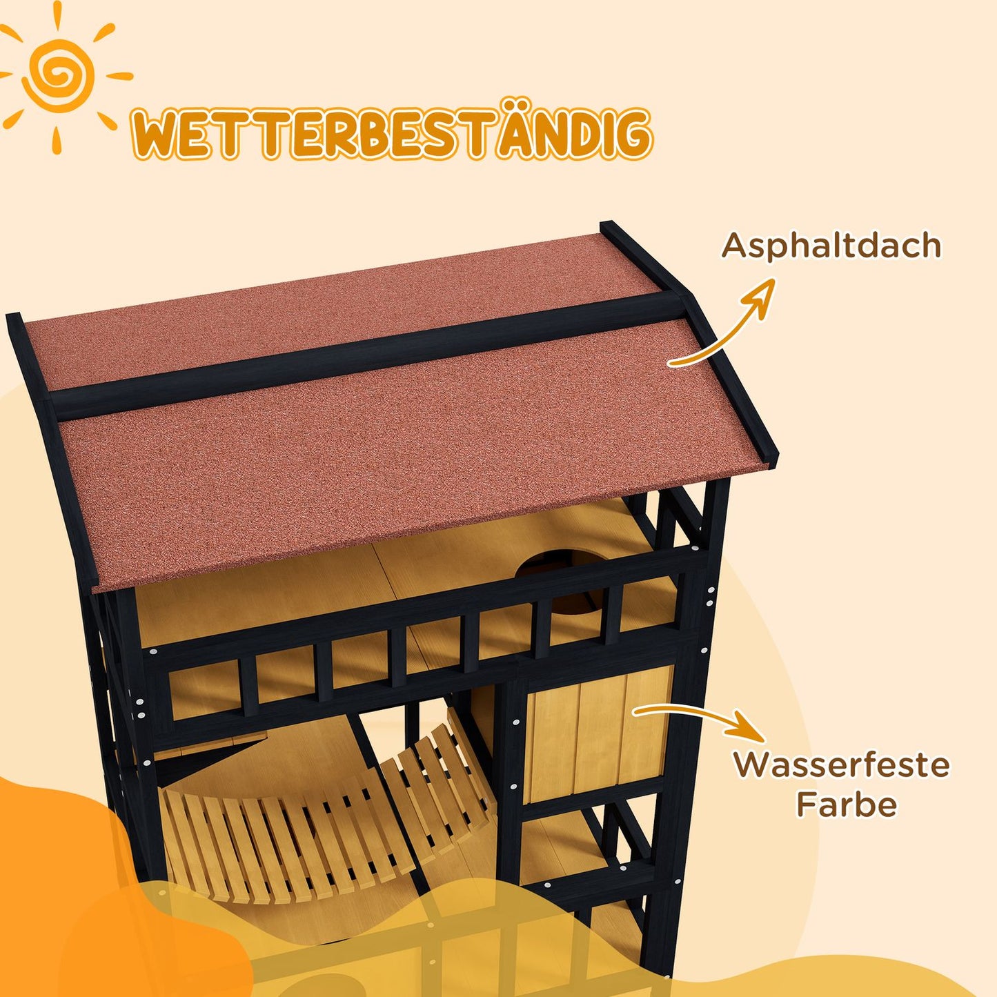 Wooden cat house with platforms and suspension bridge, yellow
