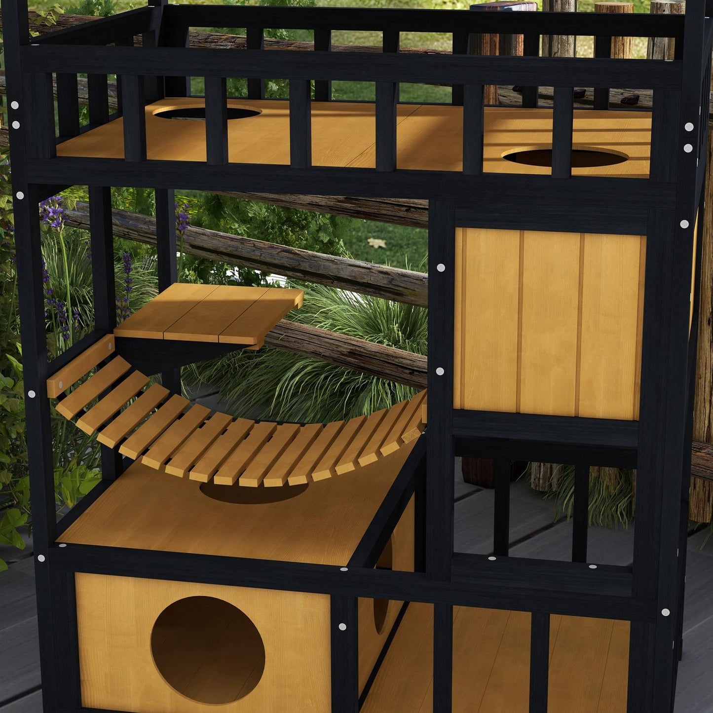 Wooden cat house with platforms and suspension bridge, yellow
