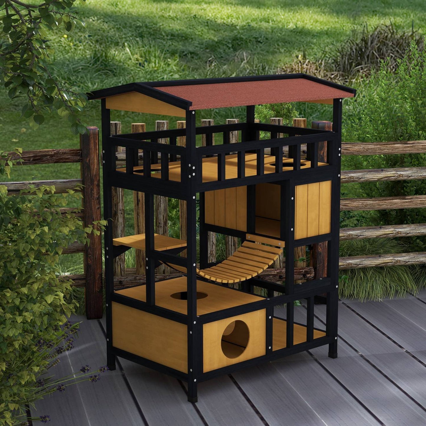 Wooden cat house with platforms and suspension bridge, yellow