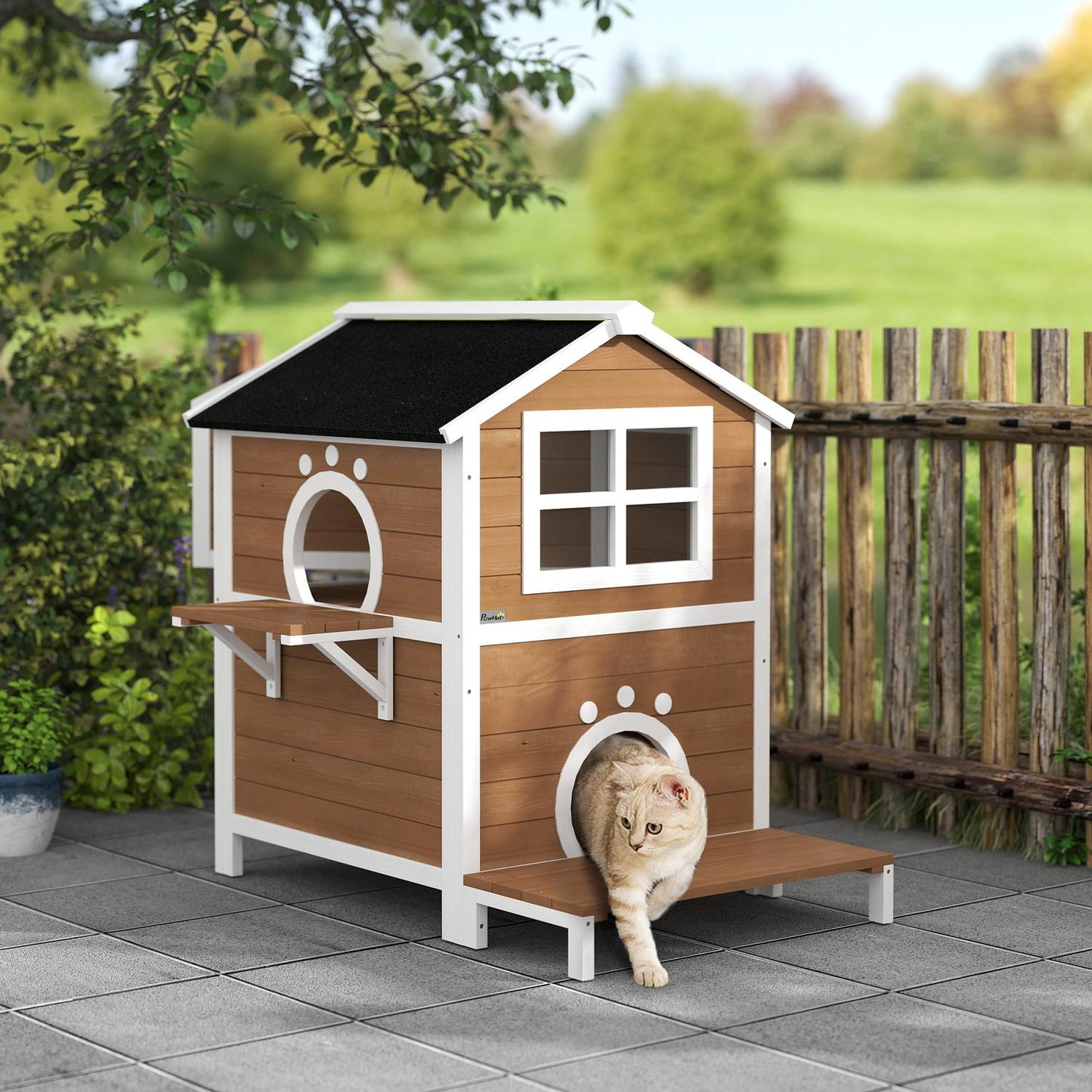 Wooden cat house, weatherproof balcony, indoor/outdoor 2-level