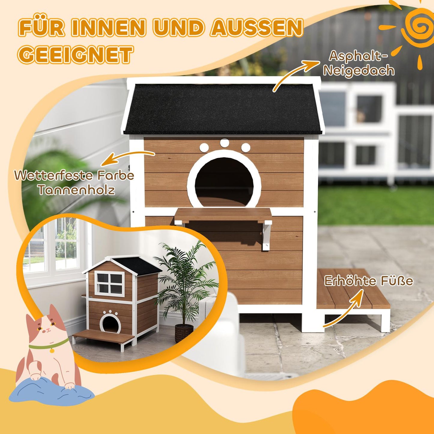 Wooden cat house, weatherproof balcony, indoor/outdoor 2-level