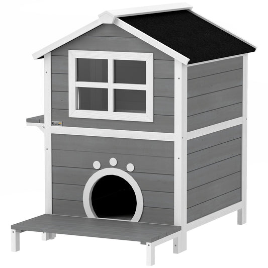 Weather-resistant wooden cat house with window and balcony