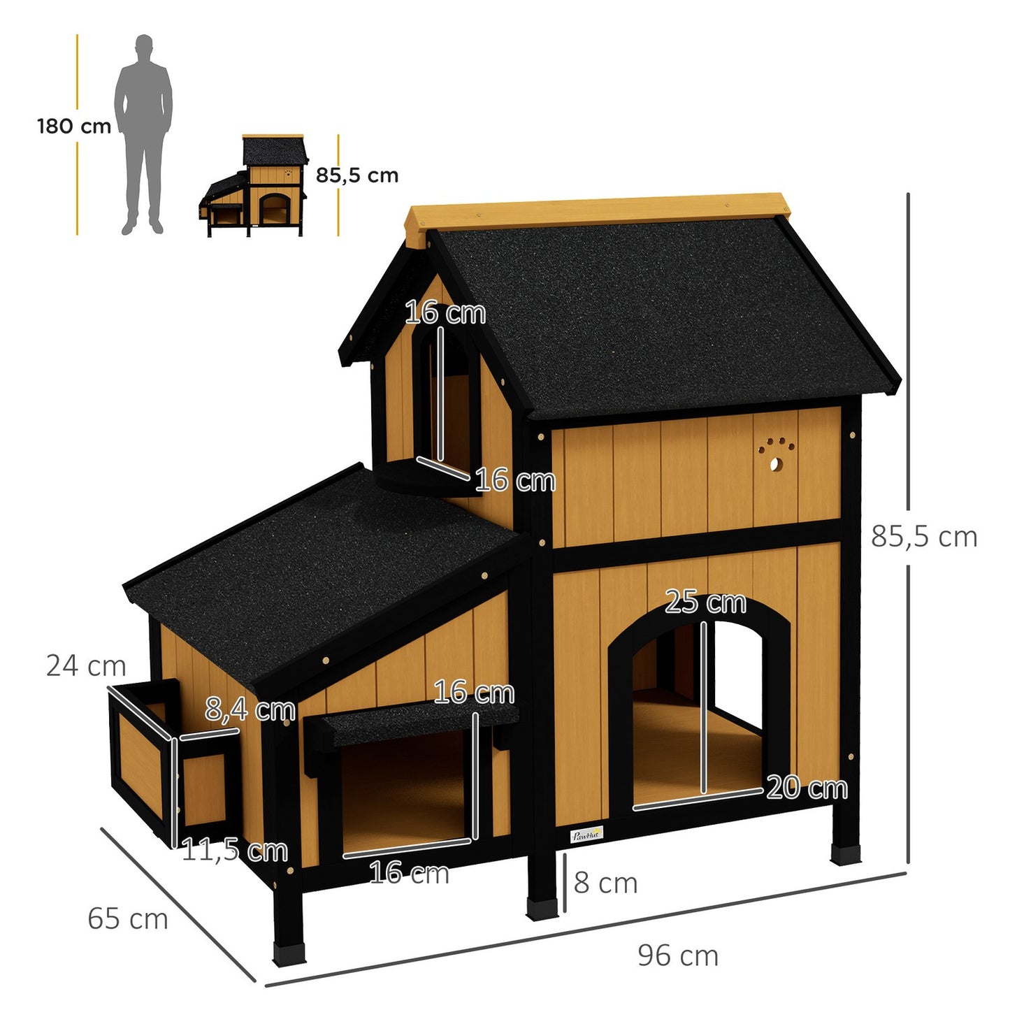 Outdoor wooden cat house, 2-story, asphalt roof, yellow