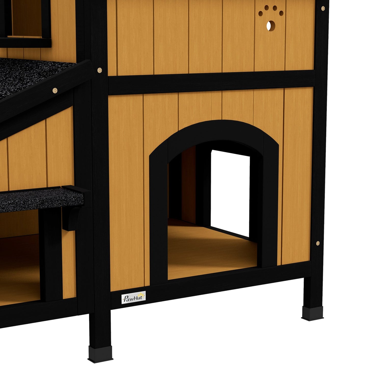 Outdoor wooden cat house, 2-story, asphalt roof, yellow
