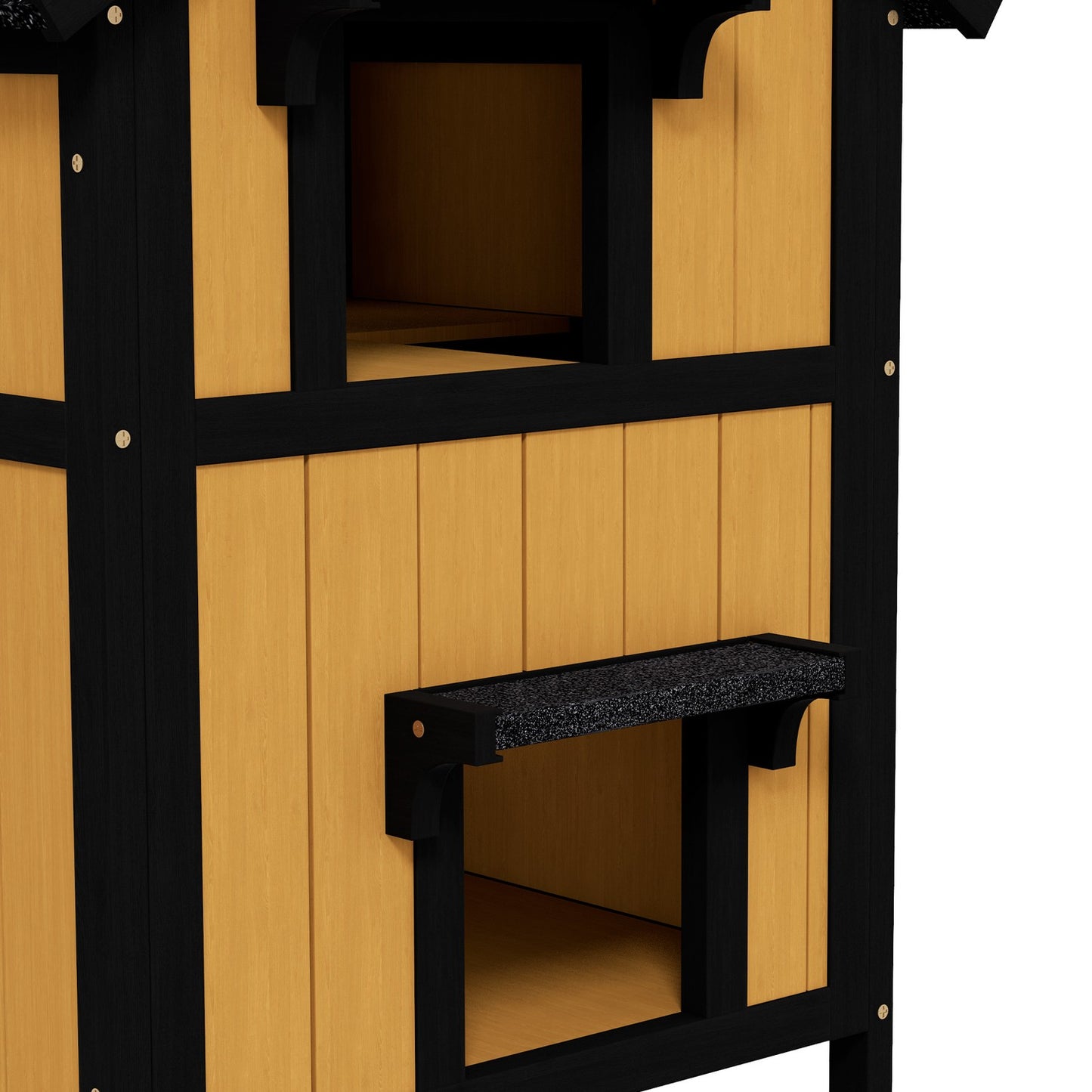 Outdoor wooden cat house, 2-story, asphalt roof, yellow