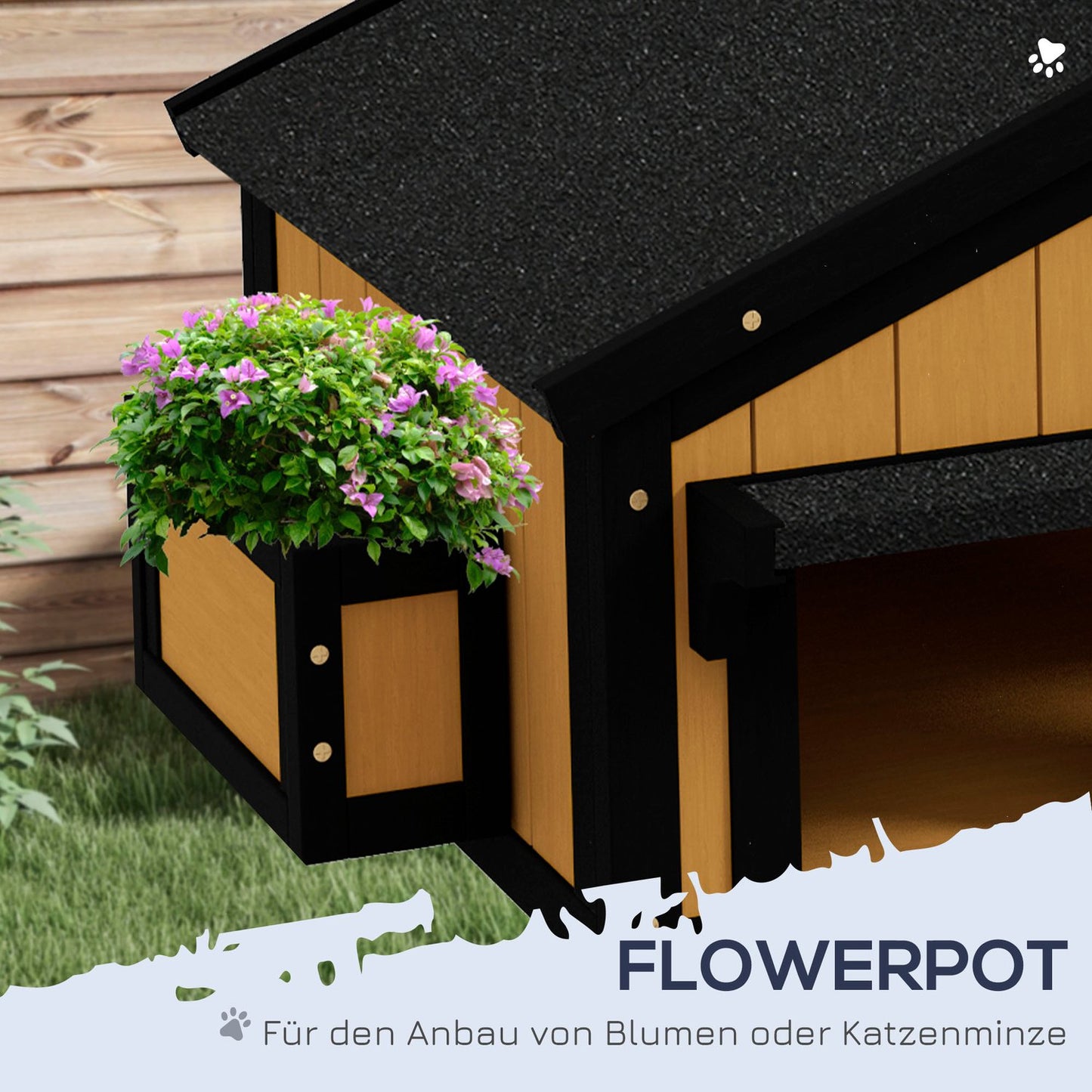 Outdoor wooden cat house, 2-story, asphalt roof, yellow