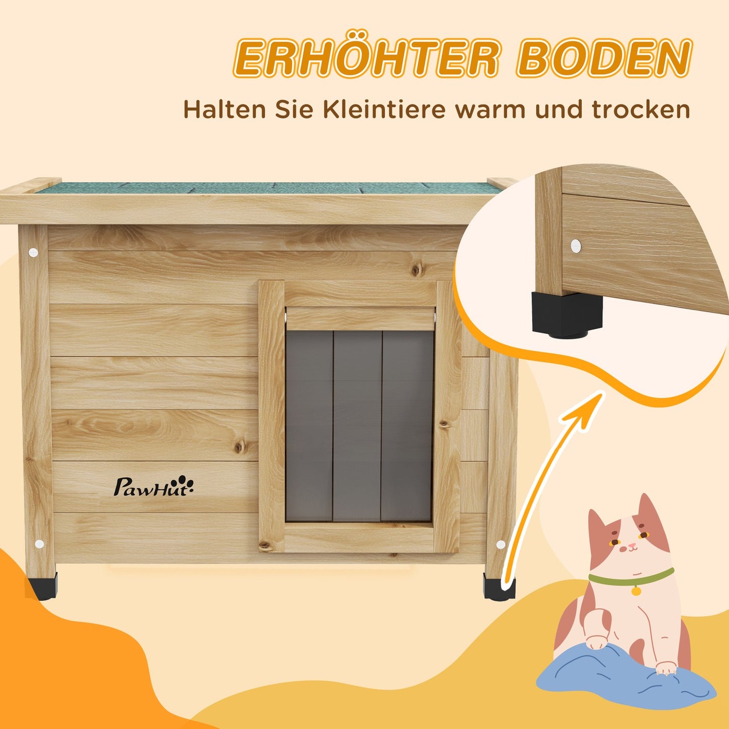Outdoor Cat house in wood with Door curtain, 57x45x43 cm