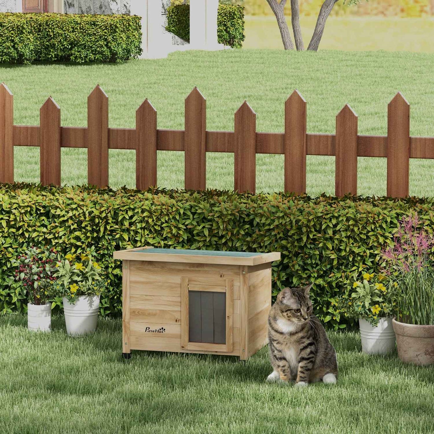 Outdoor Cat house in wood with Door curtain, 57x45x43 cm