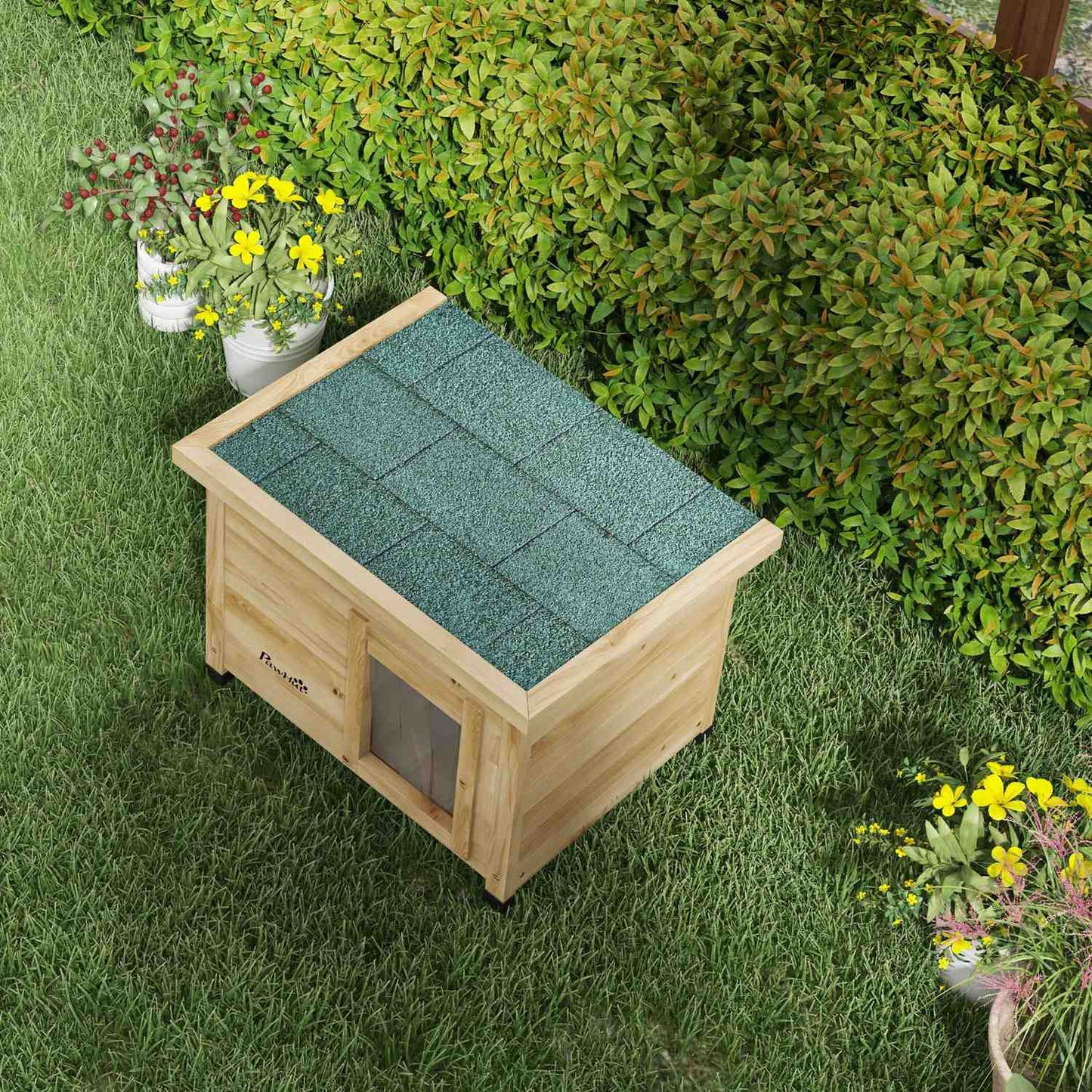 Outdoor Cat house in wood with Door curtain, 57x45x43 cm