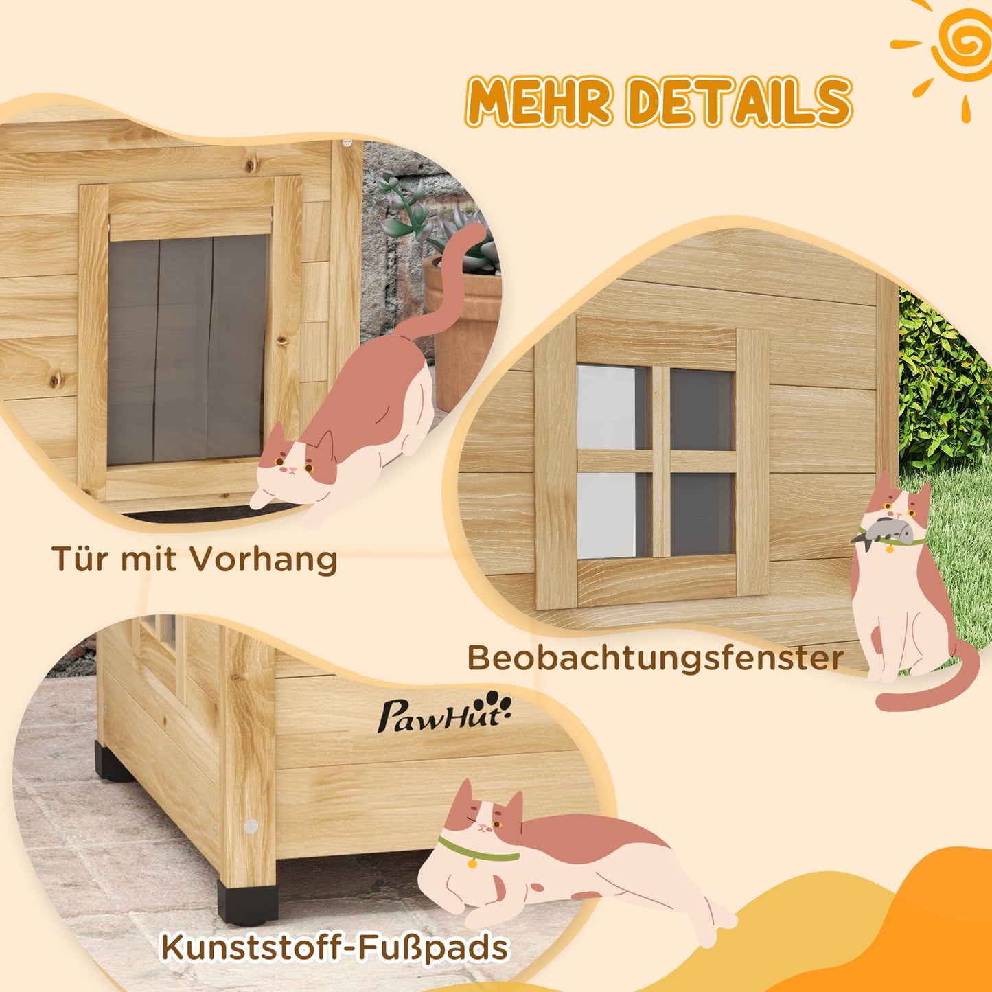 Outdoor Cat house in wood with Door curtain, 57x45x43 cm