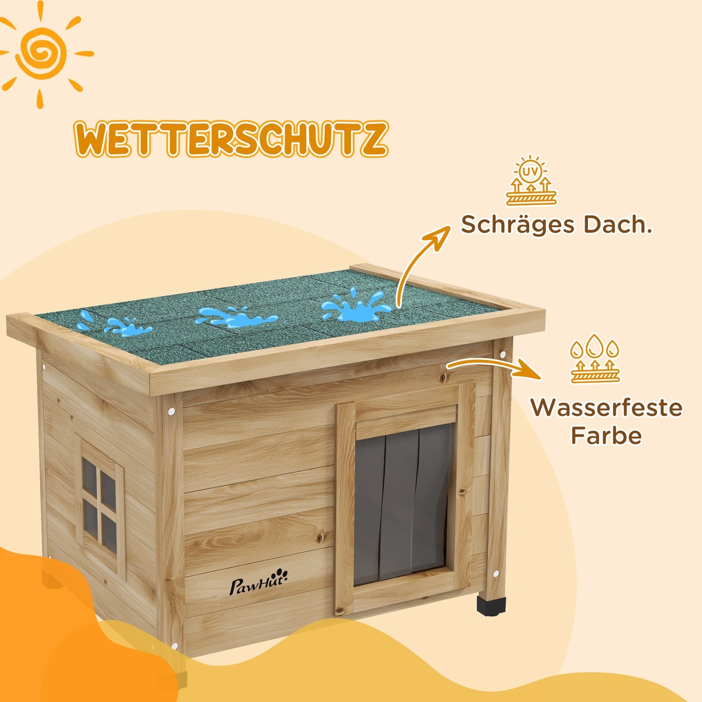 Outdoor Cat house in wood with Door curtain, 57x45x43 cm