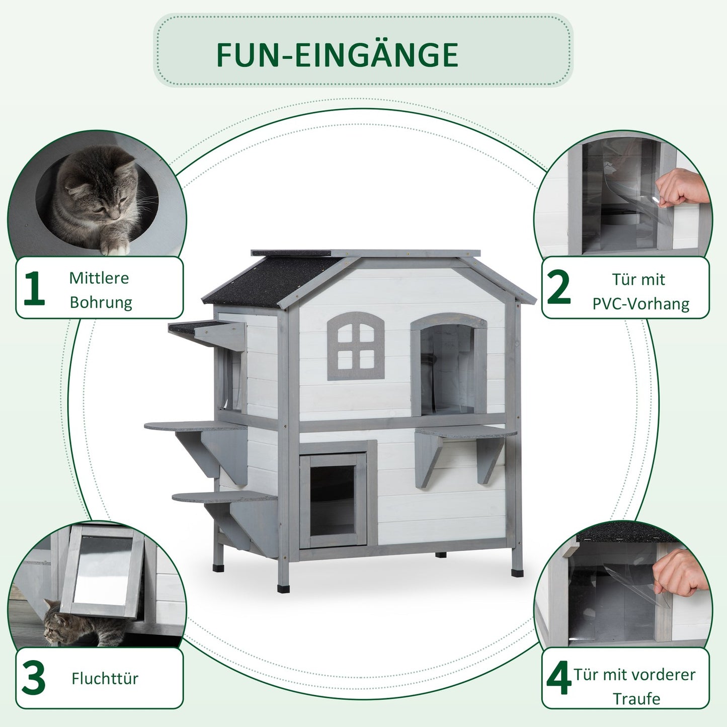 Outdoor wooden cat house with stairs for small cats