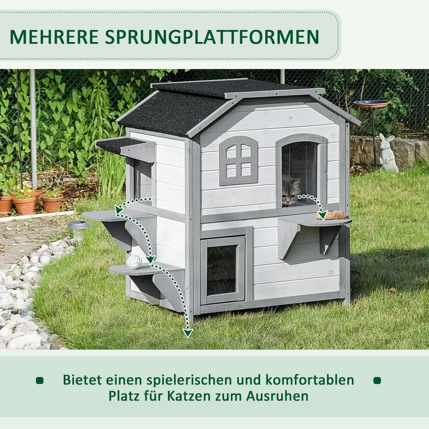 Outdoor wooden cat house with stairs for small cats