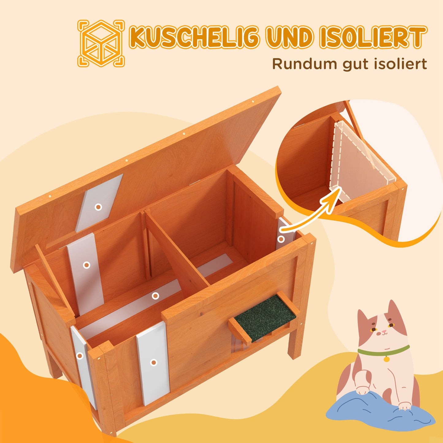 Outdoor wooden cat house, insulated & elevated, 60x60x81.5cm