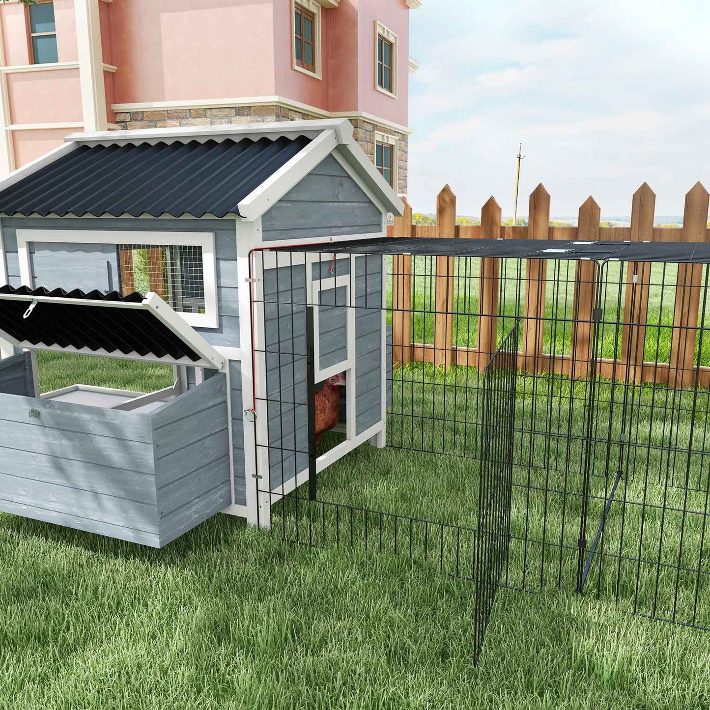 Wooden chicken house with nesting box and run for 4 chickens