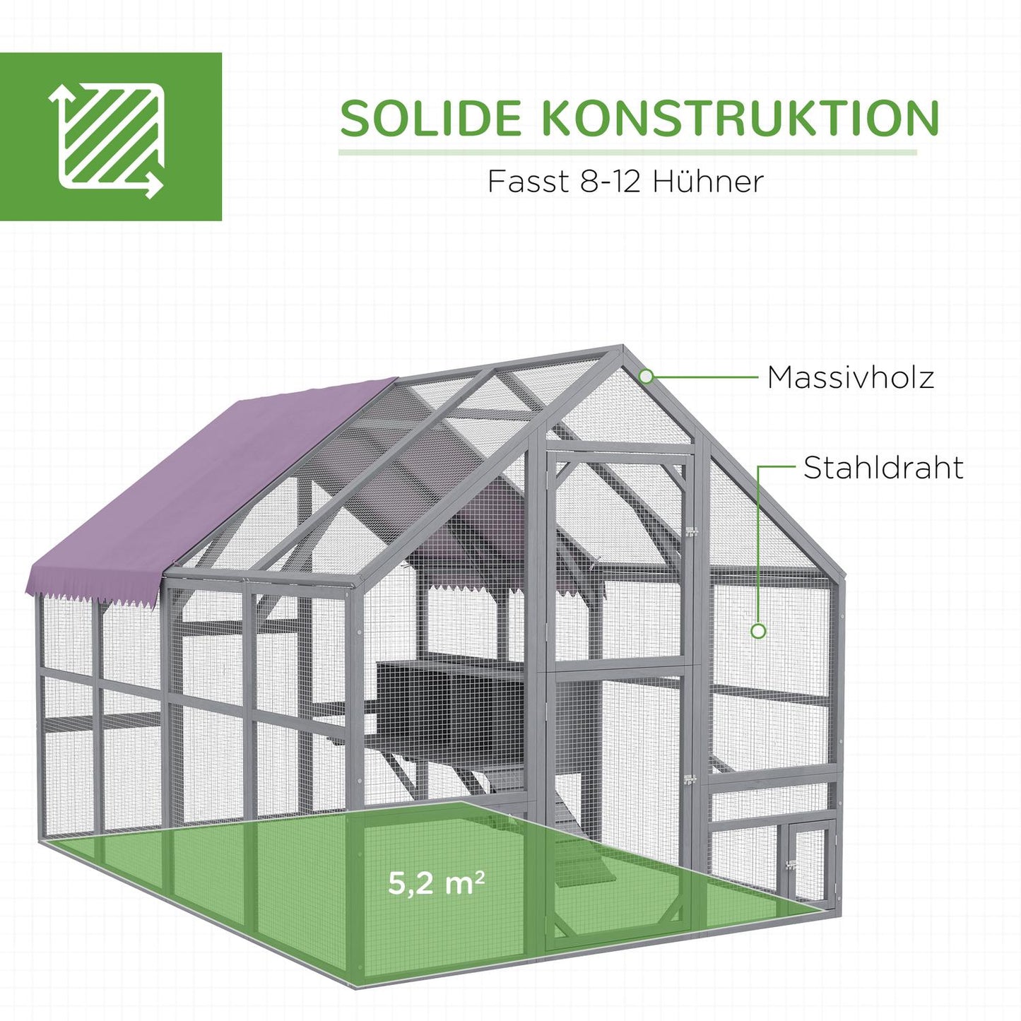 Chicken house with run and nesting box, suitable for 8-12 chickens