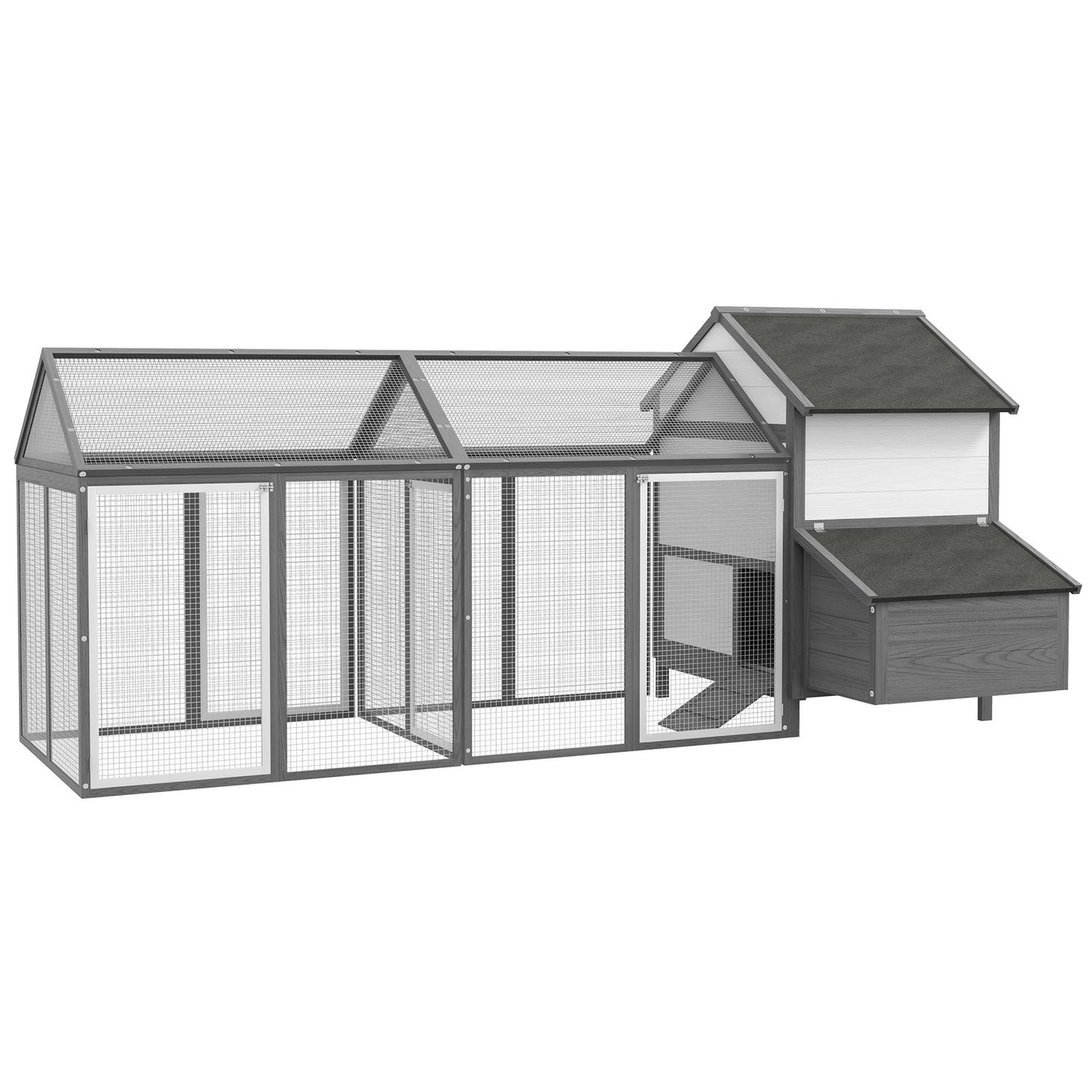 Gray wooden chicken house with nesting box and ramp