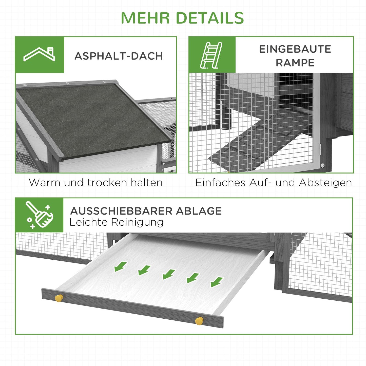 Gray wooden chicken house with nesting box and ramp