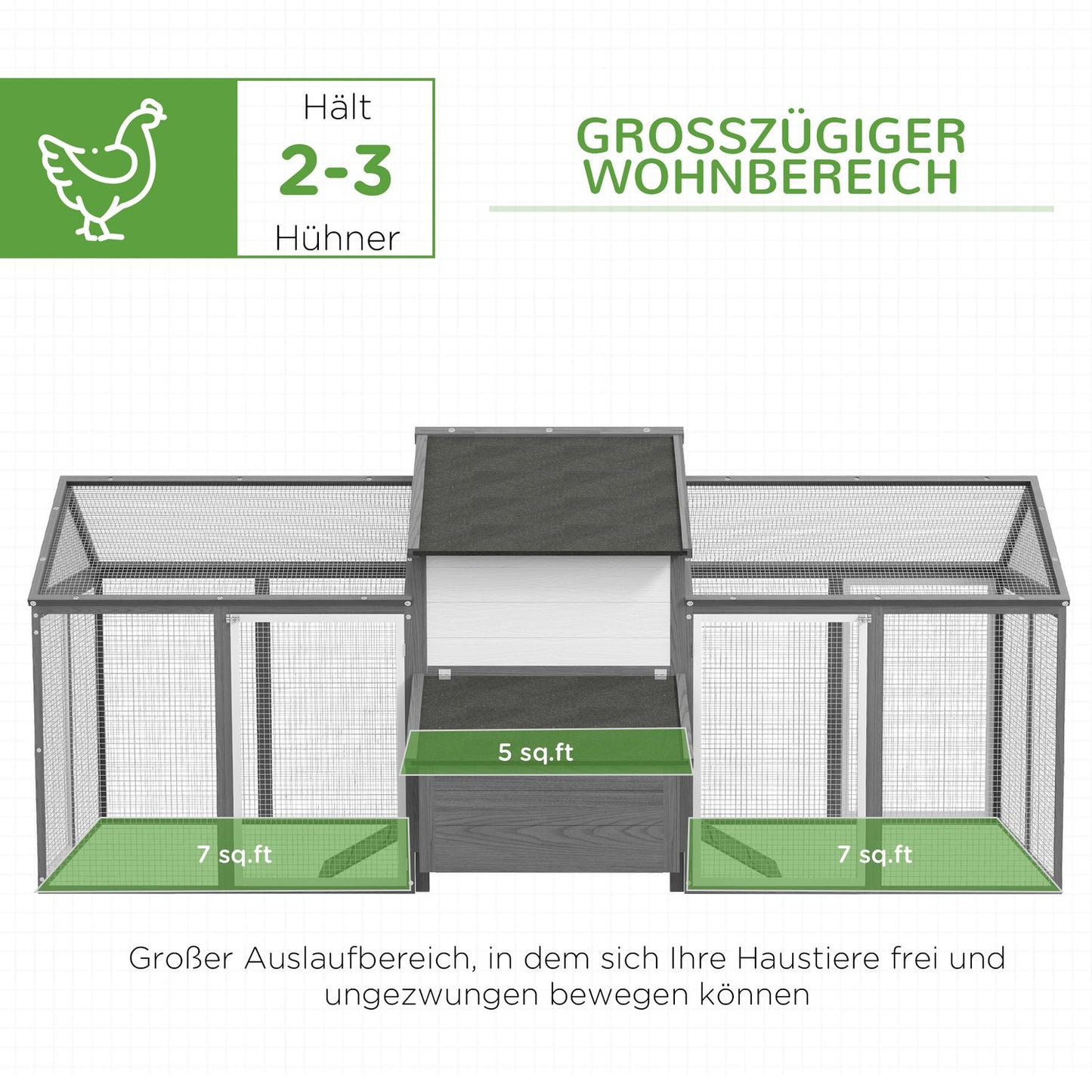 Gray wooden chicken house with nesting box and ramp