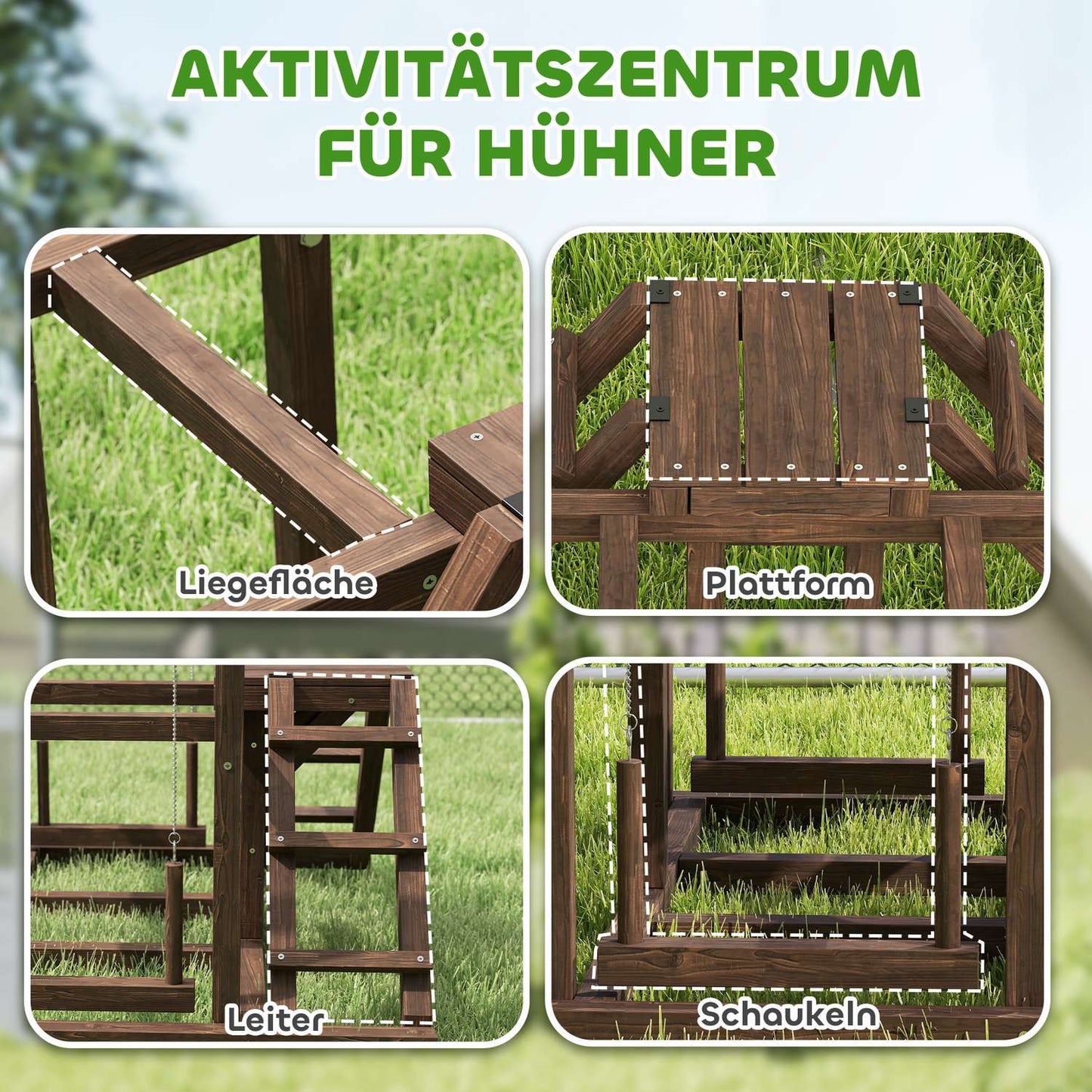 Wooden chicken play frame with perches and swing