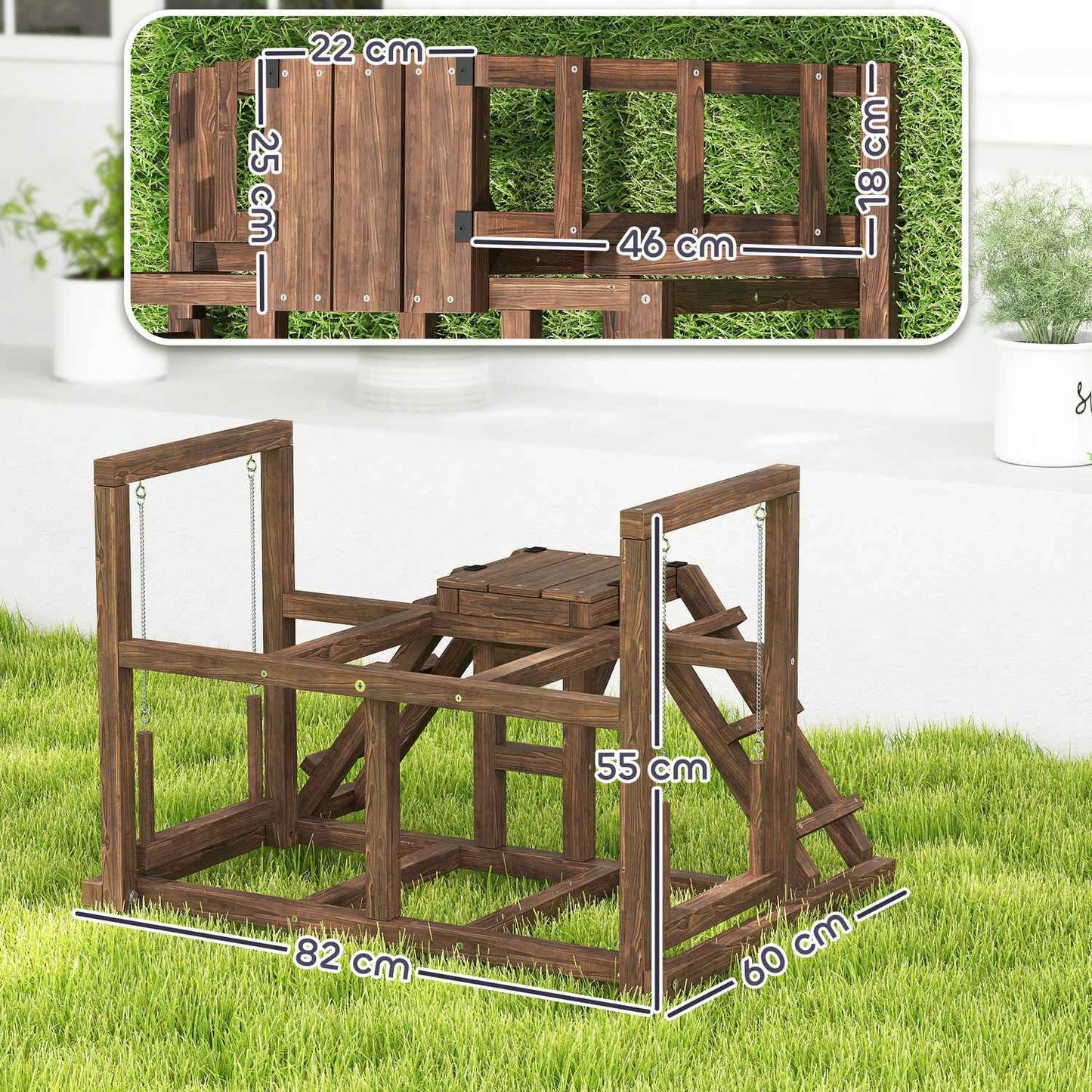 Wooden chicken play frame with perches and swing
