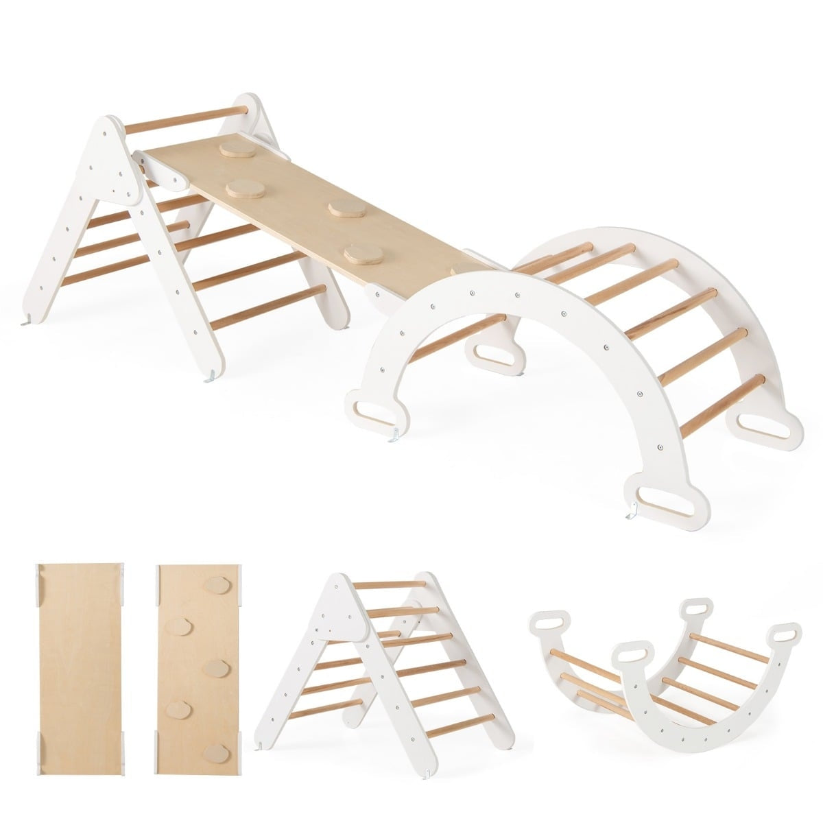 Wooden Climbing Triangle Set with Slide and Reversible Ramp