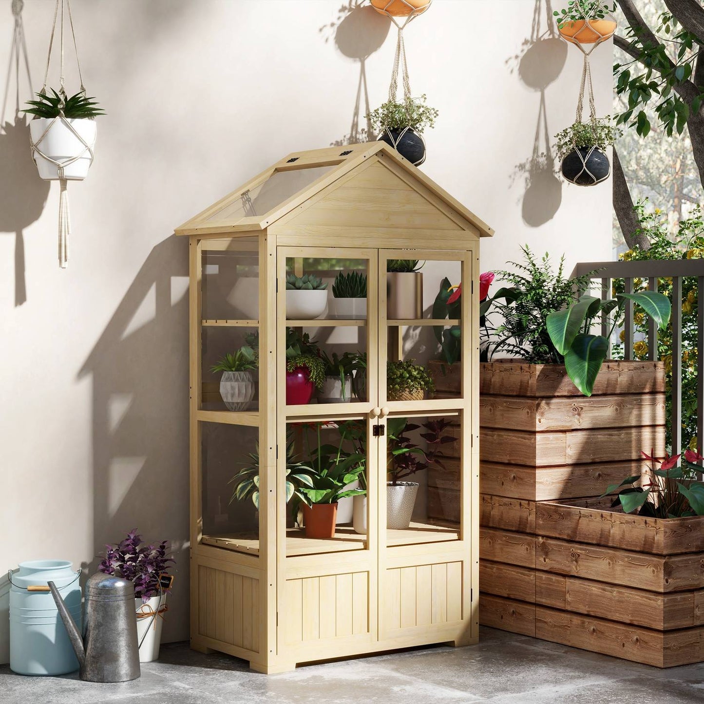 Lockable wooden cold frame greenhouse with skylight