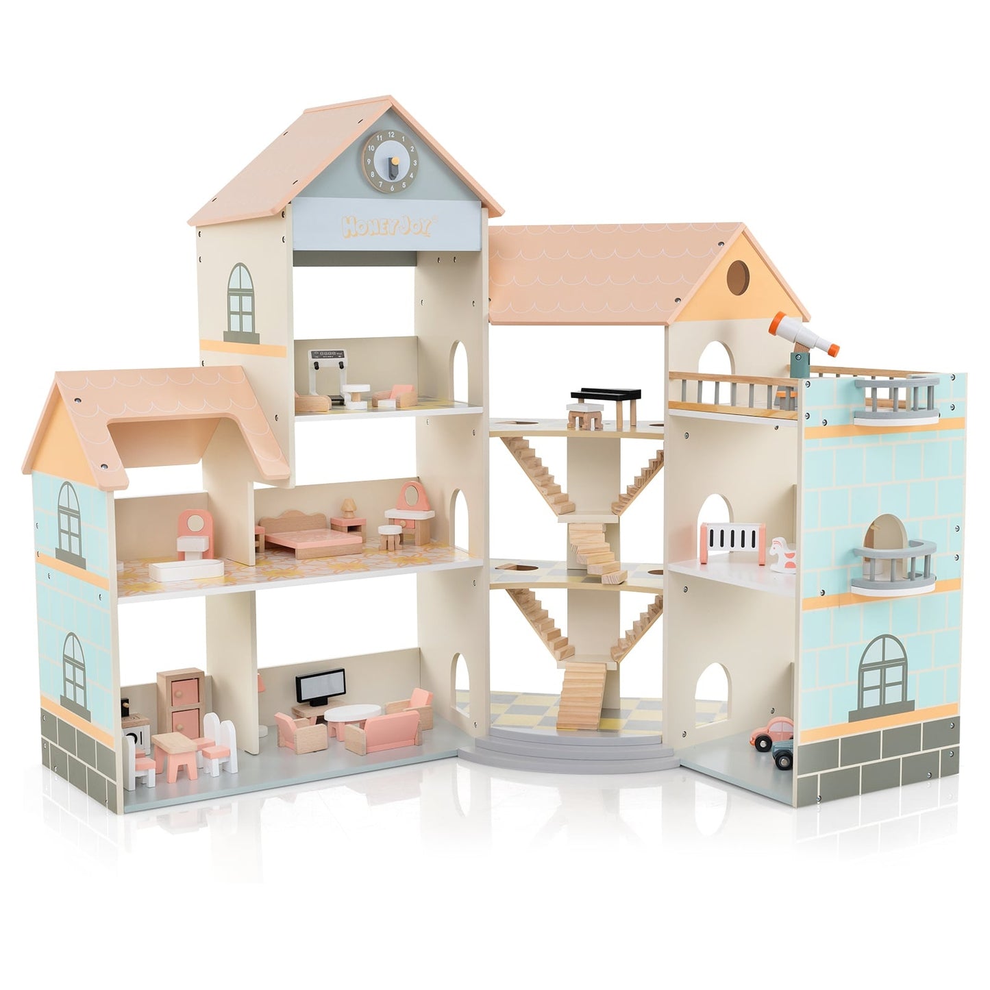 Wooden Corner Dollhouse with Pink Roof, 41 Accessories