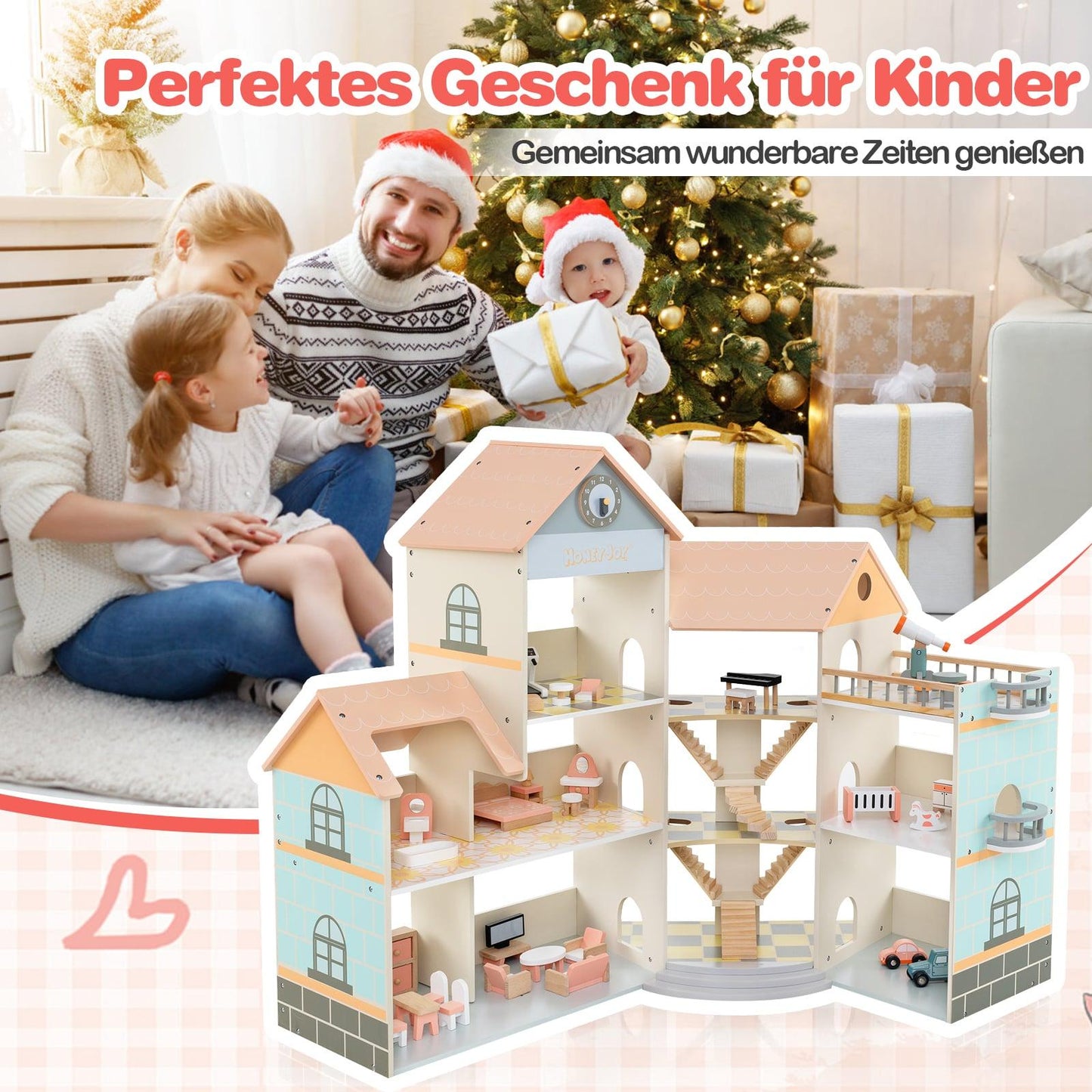 Wooden Corner Dollhouse with Pink Roof, 41 Accessories