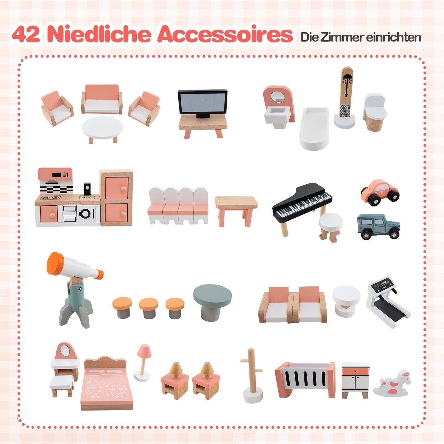 Wooden Corner Dollhouse with Pink Roof, 41 Accessories