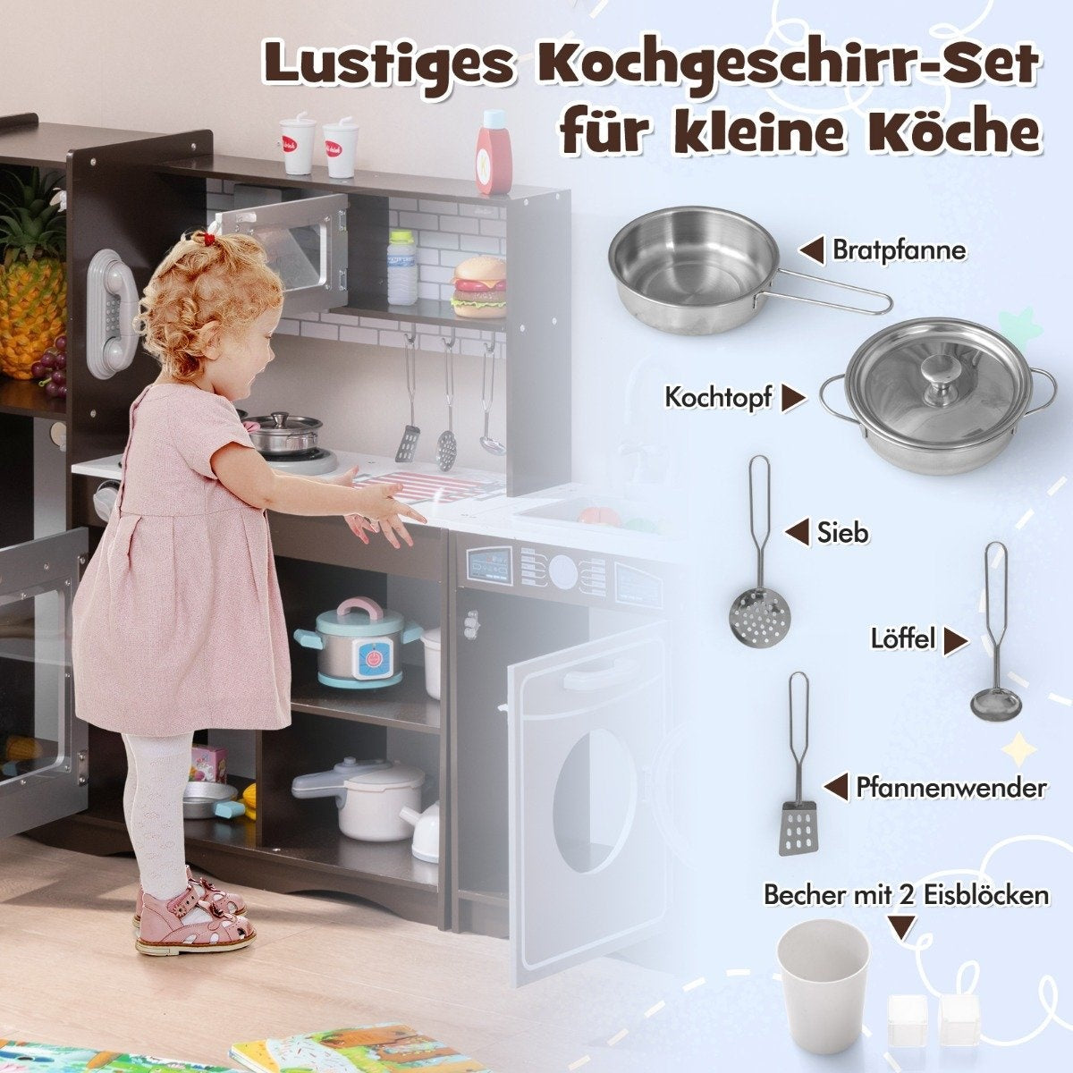 Wooden Corner Play Kitchen with Light & Sound, 7 Accessories