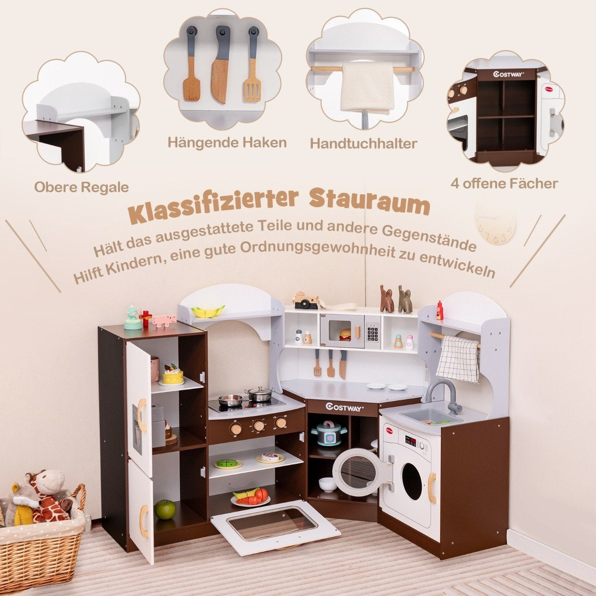 Wooden Corner Play Kitchen with Sound, Lights, Ice Maker