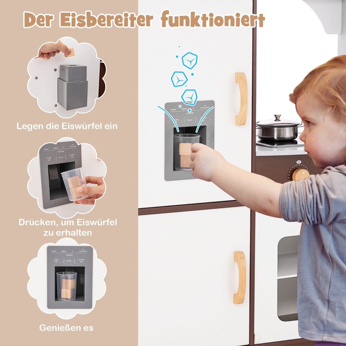 Wooden Corner Play Kitchen with Sound, Lights, Ice Maker