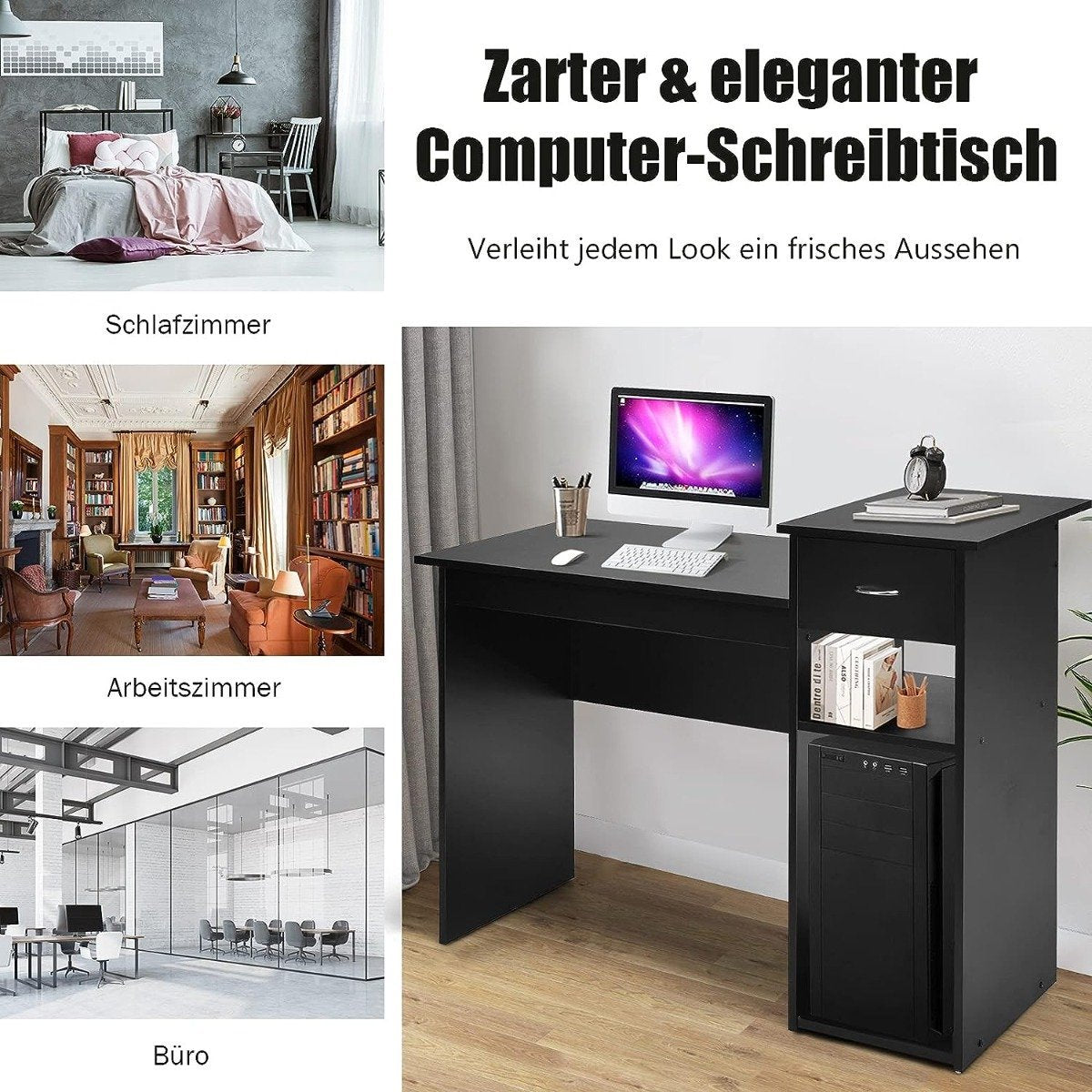 Wooden Desk Computer Desk with Drawer & Shelves 104 x 50 x 82 cm Black