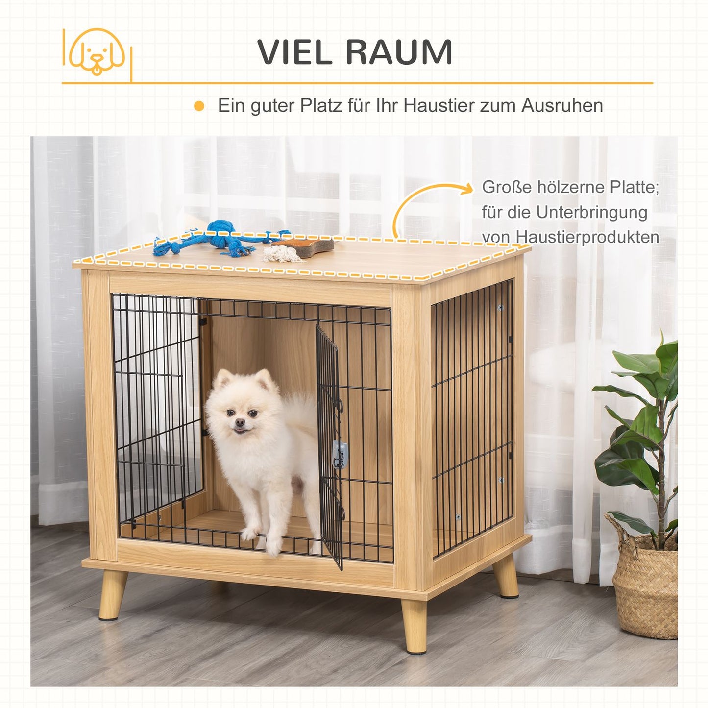 Wooden dog box with table top, natural finish, 81x58.5x76 cm