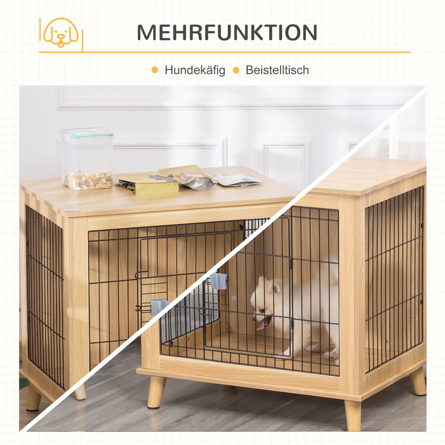 Wooden dog box with table top, natural finish, 81x58.5x76 cm