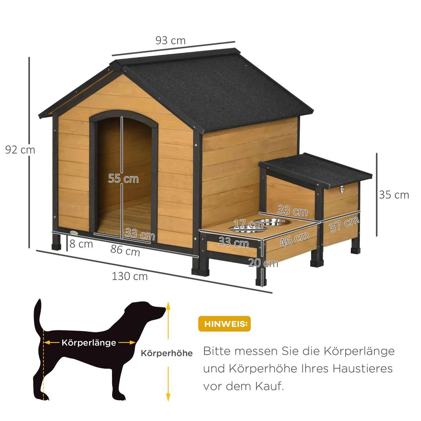 Insulated wooden doghouse, weatherproof with bowls